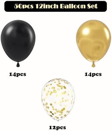ZOOYOO 50pcs 12 Inch Balloons Black Gold Confetti Party Decor