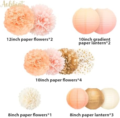 AOBKIAT 12PCS Pink Gold Peach Tissue Paper Pom Poms and Lanterns