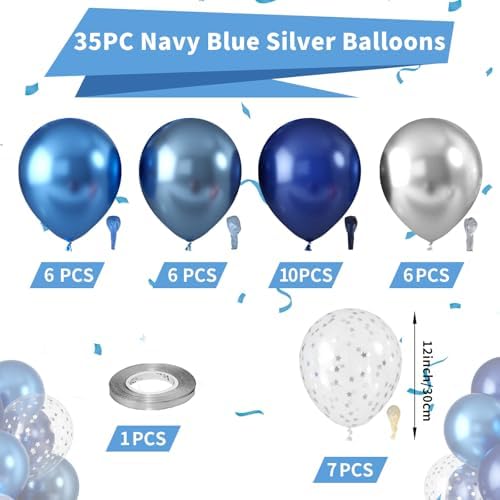 12 Inch Blue Silver Balloons Set for Birthday Decorations