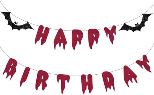 Halloween Happy Birthday Banner - Red Glitter Bloody Bat Decor