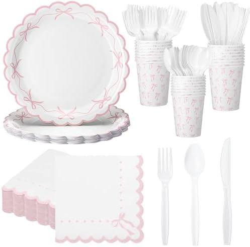 Sieral 144 Pcs Pink Bow Party Supplies Set
