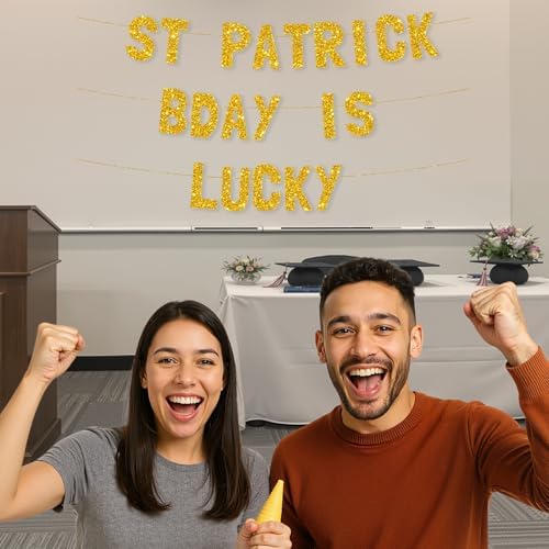 Meowoo St Patrick Birthday Banner Luxe Gold Glitter Durable Reusable