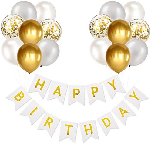 Happy Birthday Banner Bunting Set White Gold Balloons Confetti Decorations