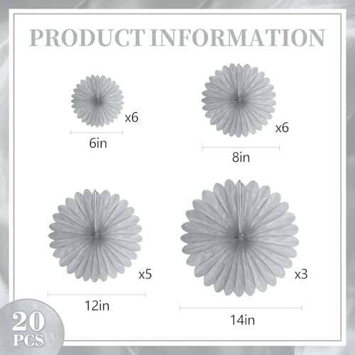 20 Pcs Silver Grey Hanging Paper Fans for Events