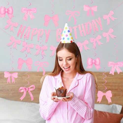 Pink Happy Birthday Bow Banner with 21 Spiral Bows