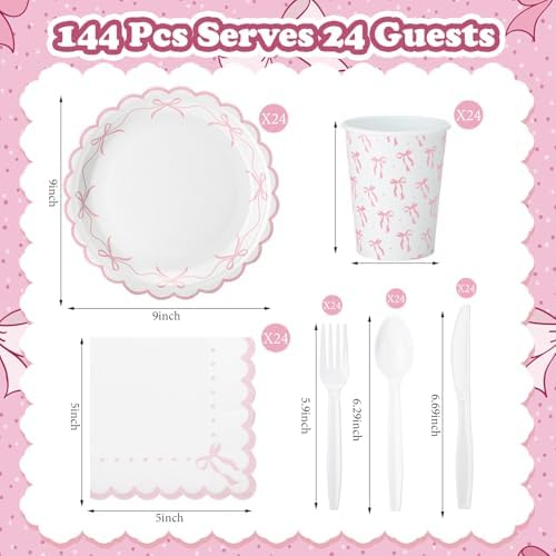 Sieral 144 Pcs Pink Bow Party Supplies Set
