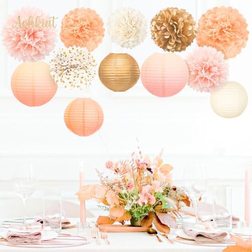 AOBKIAT 12PCS Pink Gold Peach Tissue Paper Pom Poms and Lanterns