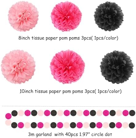 Hot-Pink Black Party Decorations Paper Flowers Streamers 23pcs