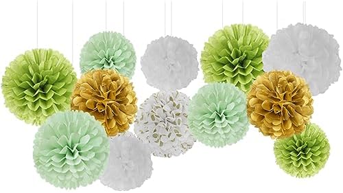 Sage Green Gold Tissue Pom-Poms - 12pcs Rustic Boho Decorations