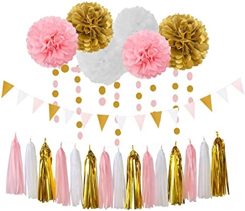 Pink White Gold Girl Birthday Decor Kit 23pcs
