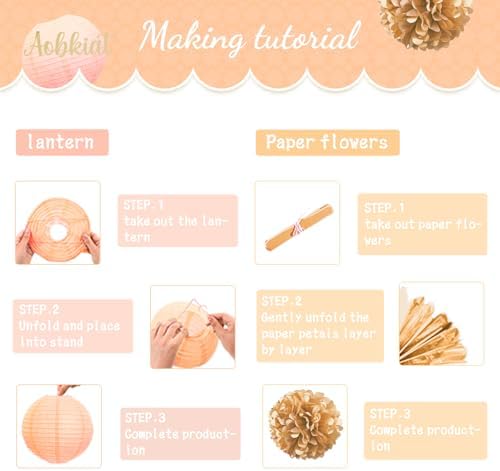 AOBKIAT 12PCS Pink Gold Peach Tissue Paper Pom Poms and Lanterns
