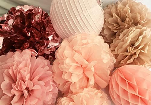 Blush Chrome Hanging Decorations - 12inch Pom Poms and Paper Lanterns