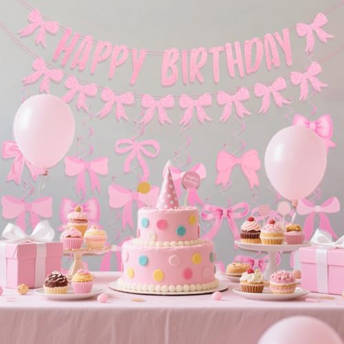 Pink Happy Birthday Bow Banner with 21 Spiral Bows