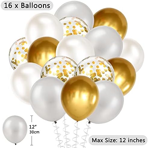 Happy Birthday Banner Bunting Set White Gold Balloons Confetti Decorations