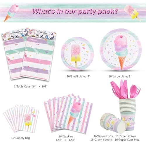 Ice Cream Party Supplies Set for 16 Guests