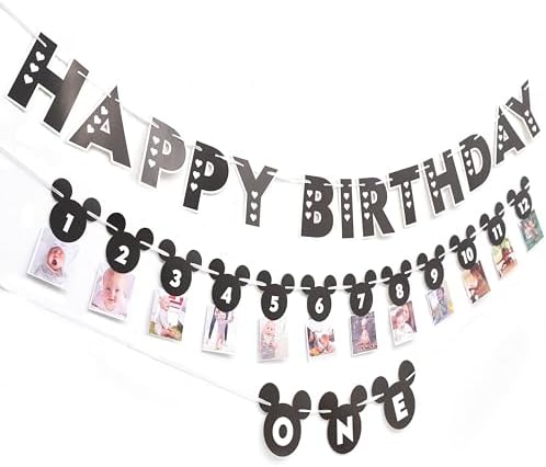 HIKLO Black and White Mouse 1st Birthday Banner Set
