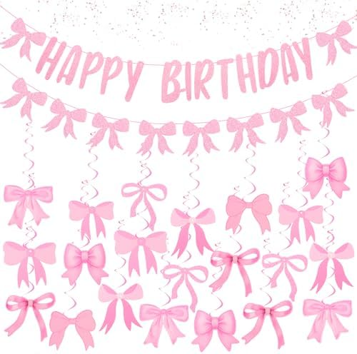 Pink Happy Birthday Bow Banner with 21 Spiral Bows