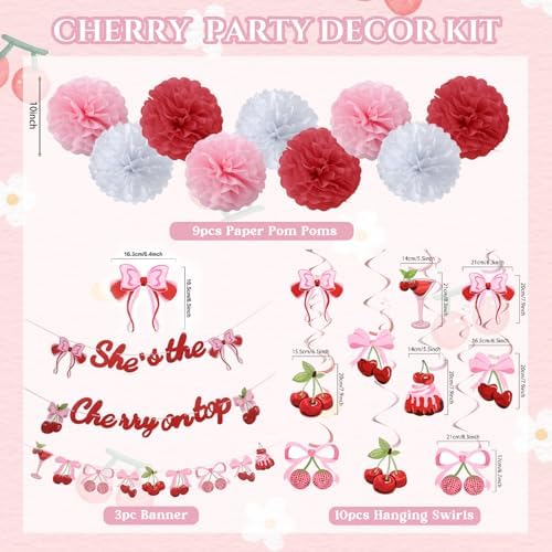 Cherry Birthday Decorations 9 Pom Poms 10 Swirls