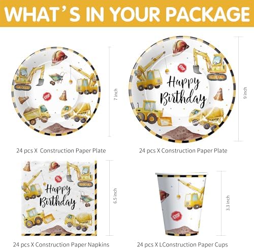 Construction Birthday Party Tableware Set for 24 Guests