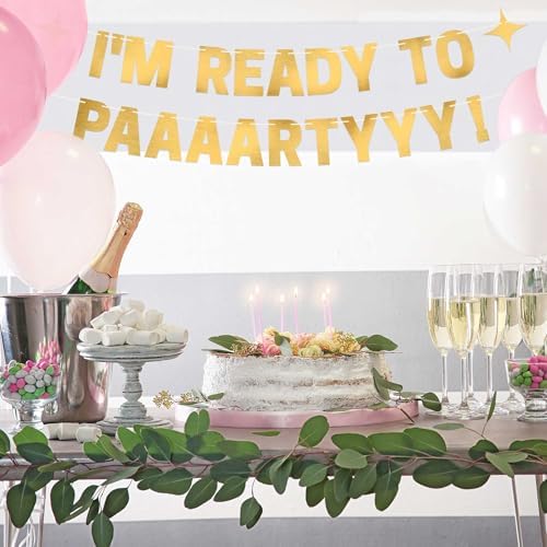 Pre-Strung Im Ready To Party Banner - Gold Metallic