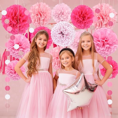 Pink Party Decorations Set with Pom Poms and Garland