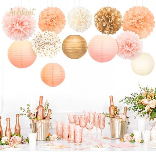 AOBKIAT 12PCS Pink Gold Peach Tissue Paper Pom Poms and Lanterns