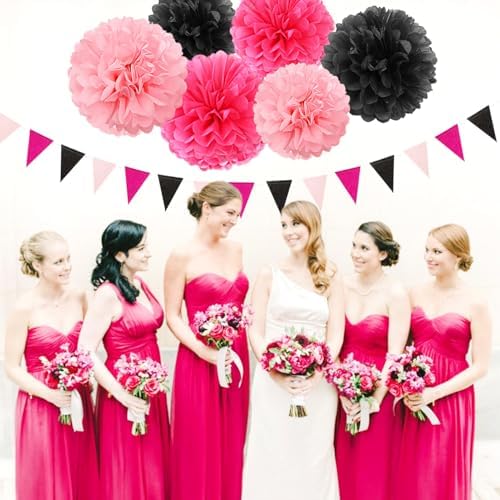 Hot-Pink Black Party Decorations Paper Flowers Streamers 23pcs