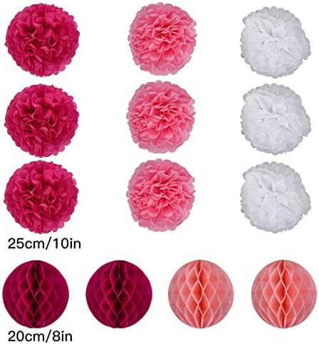 Koboome Party Hanging Paper Fan Set with Pom Poms Flowers Pink