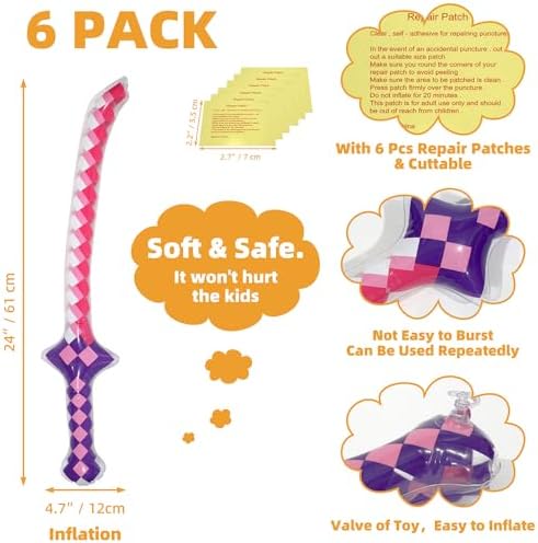 6 Pack Inflatable Pixel Swords Pirate Party Favors
