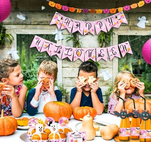 Pink Halloween Banner with 15 Flags and 12ft Ribbon
