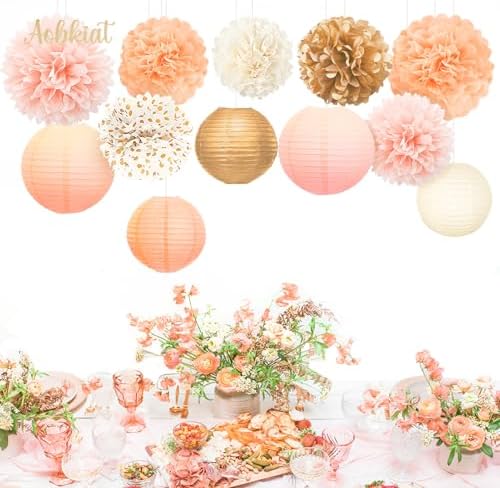 AOBKIAT 12PCS Pink Gold Peach Tissue Paper Pom Poms and Lanterns