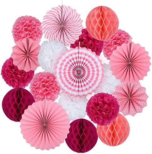 Koboome Party Hanging Paper Fan Set with Pom Poms Flowers Pink