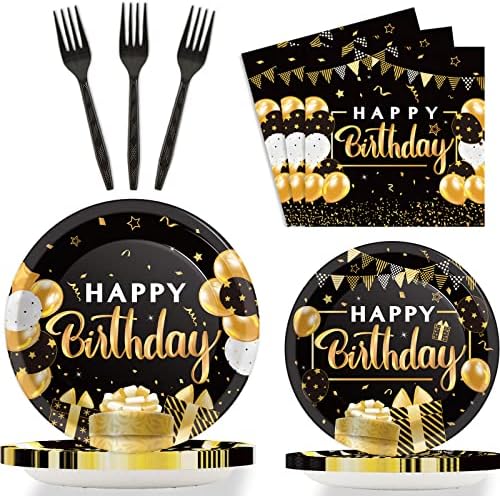 96 Pcs Black Gold Birthday Party Tableware Set for 24 Guests