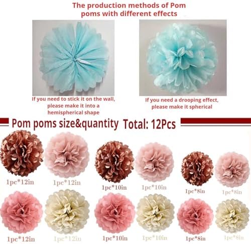 Rose Gold Blush Pink Tissue Paper Pom Poms 12Pcs