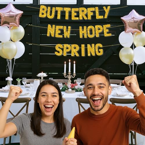 Meowoo Spring Butterfly Decor Gold Glitter Banner