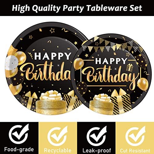 96 Pcs Black Gold Birthday Party Tableware Set for 24 Guests