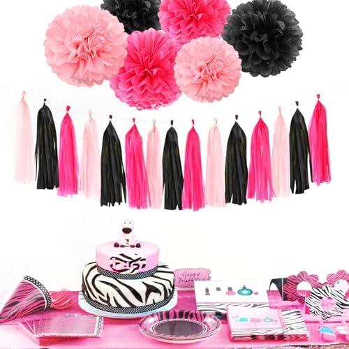 Hot-Pink Black Party Decorations Paper Flowers Streamers 23pcs