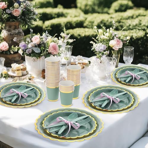 350 Pcs Sage Green Gold Foil Party Set for 50 Guests