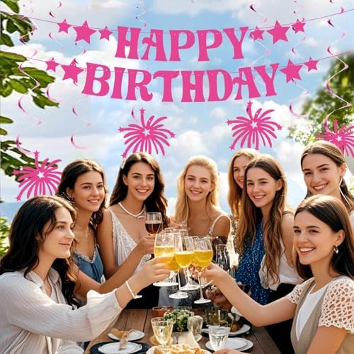 GOGOBAY Hot Pink Birthday Decorations 7PCS Set