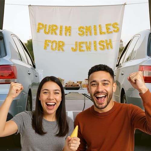 Meowoo Purim Smiles Decorations Gold Glitter Banner