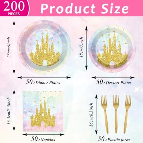200Pcs Princess Castle Party Plates Napkins Forks Set for 50 Guests