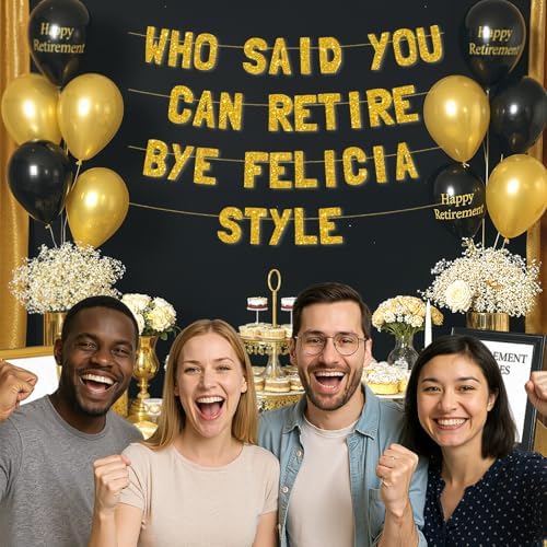 Meowoo Retirement Decor Banner with Gold Glitter