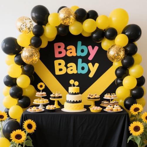We Moment 12 Inch Yellow Black Balloons with Confetti Pack of 50