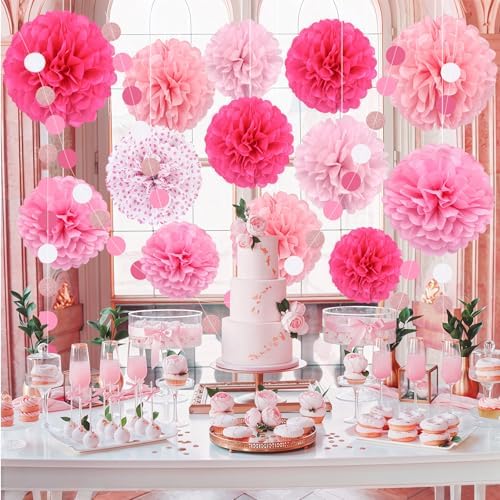 Pink Party Decorations Set with Pom Poms and Garland