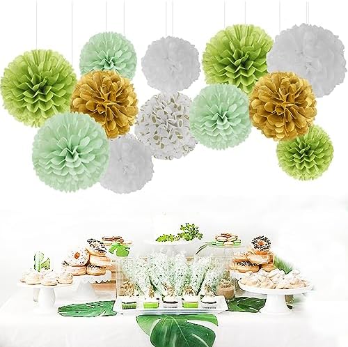 Sage Green Gold Tissue Pom-Poms - 12pcs Rustic Boho Decorations