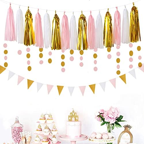 Pink White Gold Girl Birthday Decor Kit 23pcs