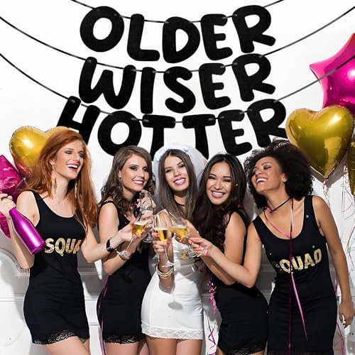 Pre Strung Felt Older Wiser Hotter Birthday Banner - Black - 72 Ft Reusable Garland
