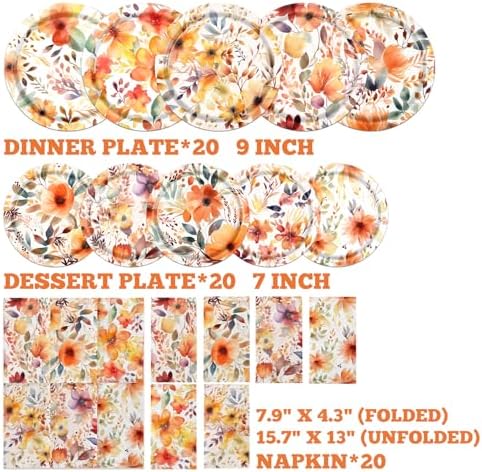 Fall Floral Plates and Napkins Set 60Pcs