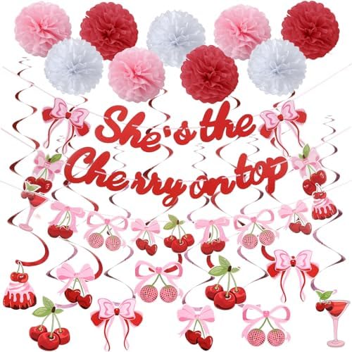 Cherry Birthday Decorations 9 Pom Poms 10 Swirls