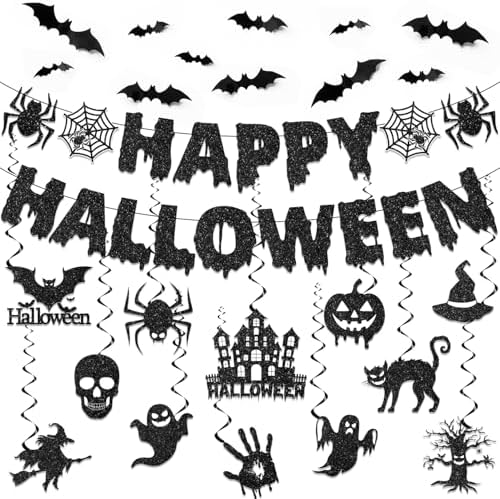 Halloween Hanging Decorations Set with Glitter Banners and Spooky Cutouts